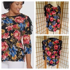 Susan Graver Floral Lace & Ruffle Liquid Gold Top SZ M